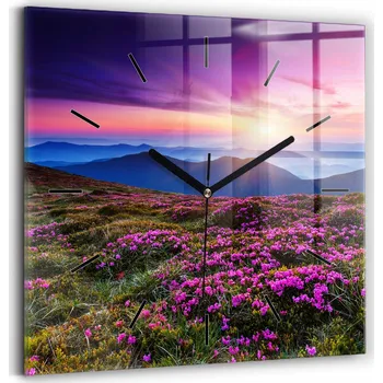 Hodiny Čtvercové Skleněné Nástěnné Hodiny do Obýváku Východ slunce a květiny 30x30 cm