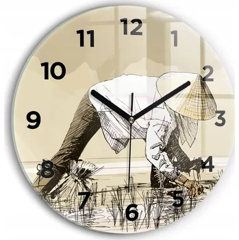 Hodiny Moderní skleněné nástěnné hodiny s potiskem Žena sbírající rýži průměr 30 cm
