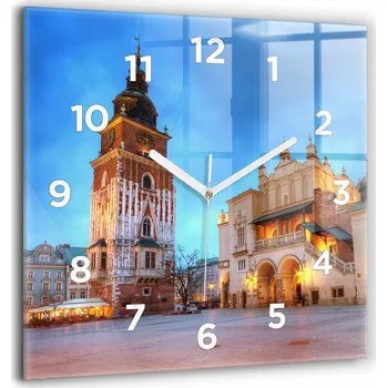 Hodiny Čtvercové Skleněné Nástěnné Hodiny s Motivem Hlavního Náměstí v Krakově 60x60 cm