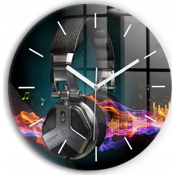 Hodiny Moderní skleněné nástěnné hodiny Sluchátka a zvukové vlny kulatý průměr 30 cm