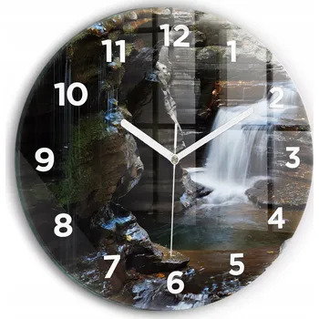 Hodiny Skleněné nástěnné hodiny do obýváku s motivem vodopádu a skal Islandu fi30 cm