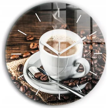 Hodiny Nástěnné Čtvercové Skleněné Hodiny s Grafikou Šálek a kávová zrna průměr 60 cm