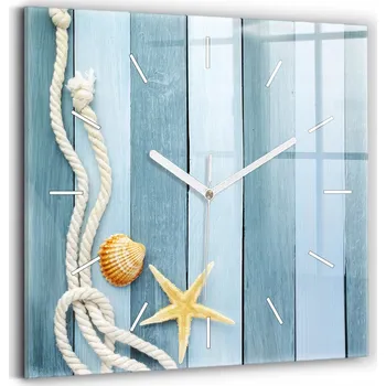Hodiny Skleněné nástěnné hodiny do moderního interiéru - prkna, pruhy a mušle, 30x30 cm