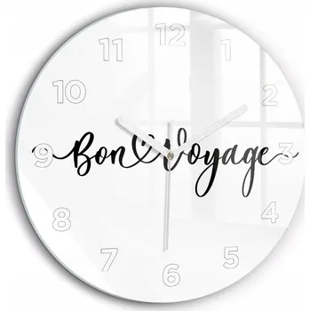 Hodiny Skleněné foto hodiny na zeď Nápis Bon voyage, bílé ručičky, kulatý, průměr 60 cm