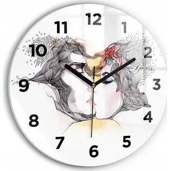 Hodiny Moderní skleněné nástěnné hodiny Kresba milostný polibek kulatý průměr 30 cm