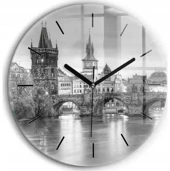Hodiny Skleněné nástěnné hodiny Karlův most v Praze černé ručičky kulatý průměr 60 cm