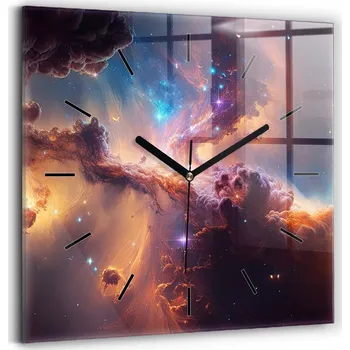 Hodiny Nástěnné čtvercové skleněné hodiny do kanceláře Kosmický svět hvězd 30x30 cm