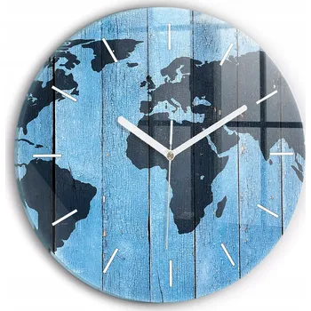 Hodiny Moderní skleněné nástěnné hodiny s potiskem Mapa světa na prknech průměr 30 cm