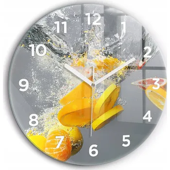 Hodiny Skleněné foto hodiny na zeď Citrusy ve vodě bílé ručičky kulatý průměr 60 cm