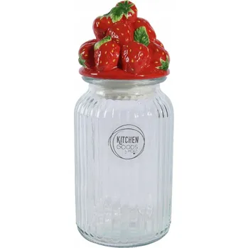 Zavařovací sklenice ZAVAŘOVACÍ SKLENICE Skleněná nádoba s víkem, vroubkovaná, dekorace JAHODY, 27 cm