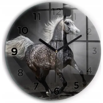 Hodiny Čtvercové Skleněné Nástěnné Hodiny do Kanceláře s Motivem Běžícího Koně fi60 cm