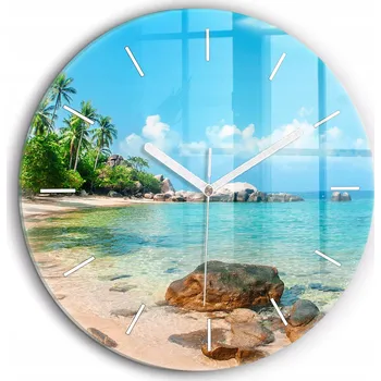 Hodiny Skleněné foto hodiny na zeď Krásná pláž v Thajsku bílé ručičky průměr 60 cm