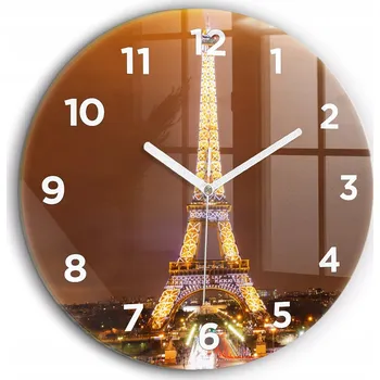Hodiny Skleněné hodiny do kuchyně na zeď s motivem Osvětlená Eiffelova věž fi60 cm