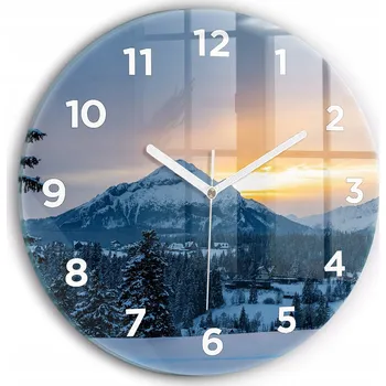Hodiny Moderní skleněné hodiny s grafikou na zeď Horská krajina kulatý průměr 30 cm