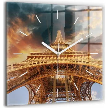 Hodiny Skleněné nástěnné hodiny do kanceláře s grafikou Eiffelovy věže na pozadí mraků 60x60 cm