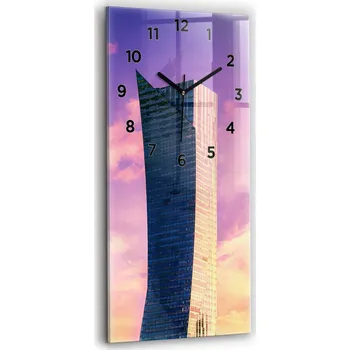 Hodiny Nástěnné vertikální skleněné hodiny s grafikou Mrakodrap v Varšavě 30x60 cm