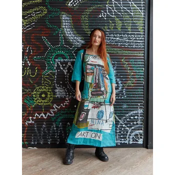 Dámské šaty Lněné 100% Lněné šaty Street Art 2 Velikost: EU 34