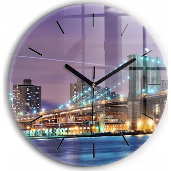 Hodiny Moderní skleněné nástěnné hodiny Brooklynský most a East River kulatý průměr 30 cm