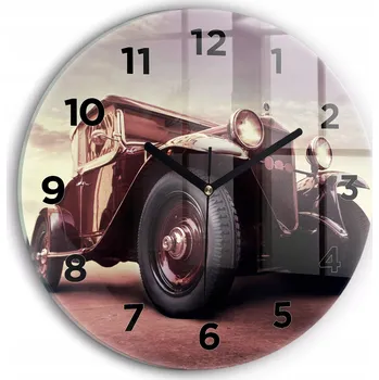 Hodiny Moderní skleněné nástěnné hodiny s grafikou Auto ve Vintage stylu průměr 30 cm