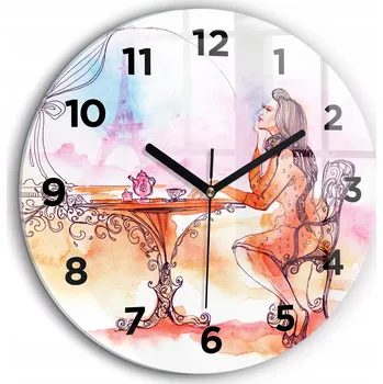 Hodiny Moderní skleněné foto hodiny na zeď Žena pijící čaj průměr 60 cm