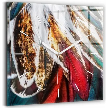 Hodiny Skleněné hodiny s tichým mechanismem, loftový styl, nástěnné, světle hnědá pírka ptáka, 30x30 cm