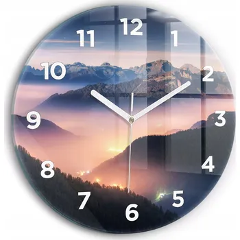 Hodiny Moderní skleněné nástěnné hodiny s potiskem Horská krajina, průměr 30 cm