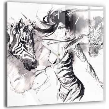 Hodiny Velké tvrzené skleněné nástěnné hodiny - Žena a zebry