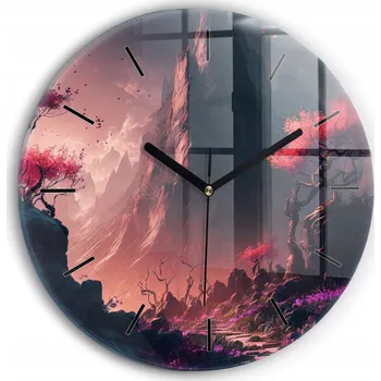Hodiny Moderní skleněné nástěnné hodiny Kouzelný les a hory kulatý průměr 30 cm