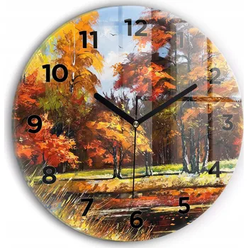 Hodiny Moderní skleněné hodiny s grafikou na zeď Podzimní krajina s řekou průměr 30 cm