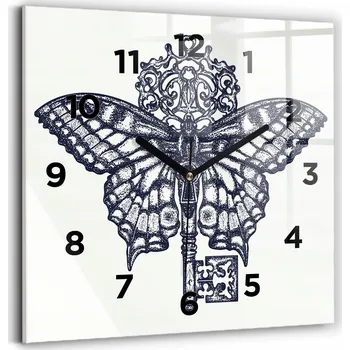 Hodiny Skleněné nástěnné hodiny do kanceláře s grafikou Motýl a klíč – boho styl 30x30 cm