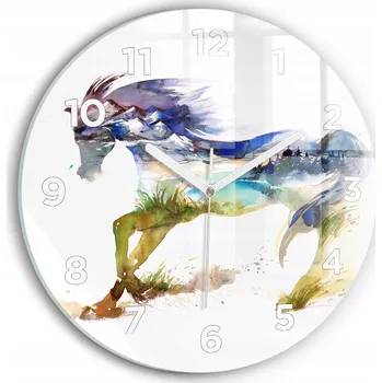 Hodiny Ozdobné nástěnné hodiny s krásnou grafikou Malované hory a kůň kulatý průměr 30 cm