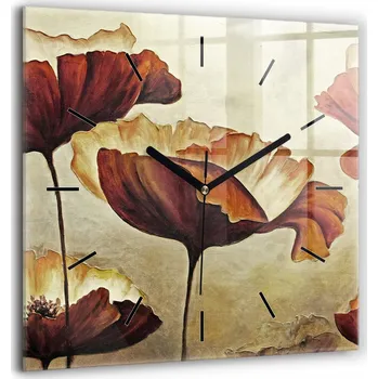 Hodiny Čtvercové Skleněné Nástěnné Hodiny do Kanceláře s Grafikou - Malované vlčí máky 60x60 cm