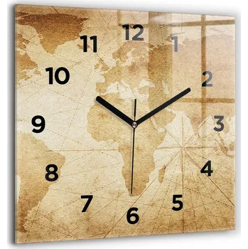 Hodiny Velké skleněné hodiny s tichým mechanismem, nástěnné, styl loft, mapa světa vintage 60x60 cm