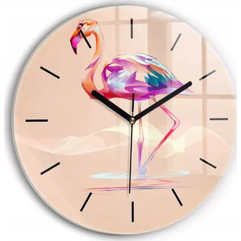 Hodiny Čtvercové Skleněné Foto Hodiny na Zeď do Obýváku Ilustrace plameňáka fi30 cm