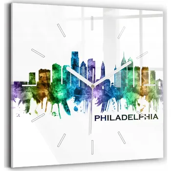 Hodiny Skleněné nástěnné hodiny do obýváku S Potiskem Barevná Philadelphia 30x30 cm