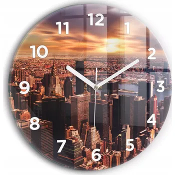 Hodiny Skleněné Čtvercové Nástěnné Hodiny s S Potiskem Panorama města západ slunce fi30 cm