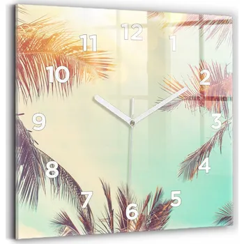 Hodiny Čtvercové Skleněné Hodiny Minimalistické Nástěnné Tropické palmy 30x30 cm