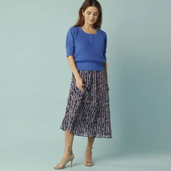 Dámská sukně Midi rozšířená sukně s potiskem, pro menší postavu nám. modrá/režná 52