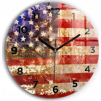 Hodiny Nástěnné Kulatý Skleněné Hodiny do Obýváku Vlajka USA ve vintage stylu průměr 60 cm