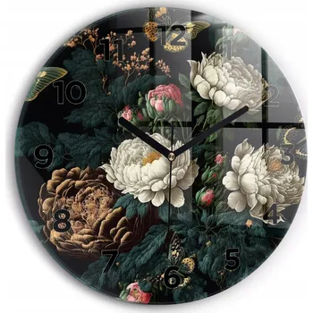 Hodiny Moderní skleněné nástěnné hodiny s potiskem Květina a zlatí motýli průměr 30 cm