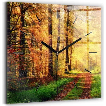 Hodiny Nástěnné čtvercové skleněné hodiny s grafikou Podzimní lesní scenérie 30x30 cm