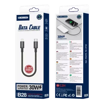 Datový kabel JELLICO B28 USB kabel USB-C / Lightning 30W PD černý – Odolný a výkonný kabel pro rychlé nabíjení