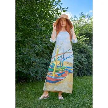Dámské šaty Lněné 100% Lněné šaty Vincent Van Gogh Rybářské lodě Velikost: EU 38