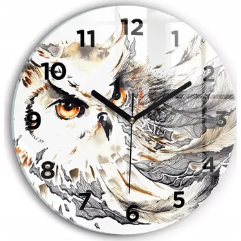 Hodiny Moderní skleněné nástěnné hodiny s potiskem Sova symbol moudrosti průměr 30 cm