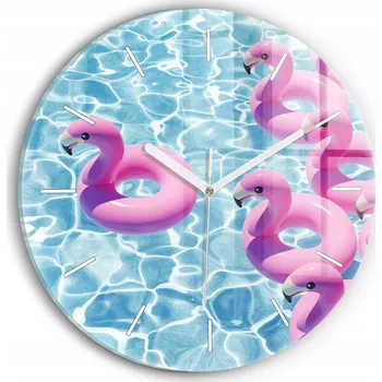 Hodiny Moderní skleněné hodiny s grafikou na zeď Pontony plameňáci kulatý průměr 30 cm