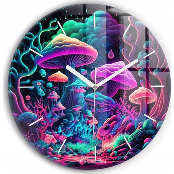 Hodiny Moderní skleněné foto hodiny na zeď Neonové houby kulatý průměr 30 cm