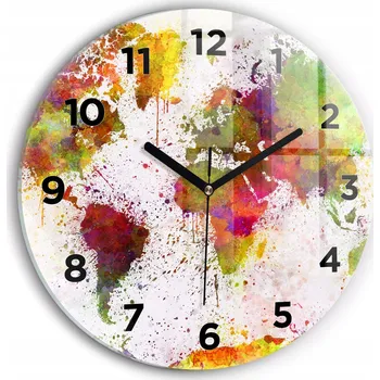Hodiny Skleněné nástěnné hodiny do kanceláře S Potiskem Akvarelová mapa světa průměr 30 cm