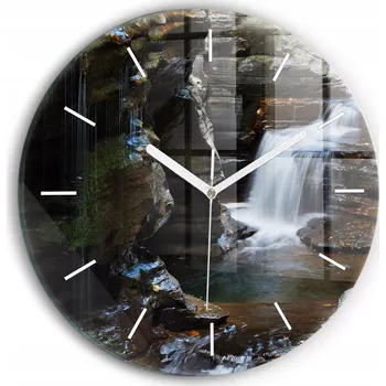 Hodiny Moderní skleněné nástěnné hodiny Vodopád a skály Islandu kulatý průměr 30 cm
