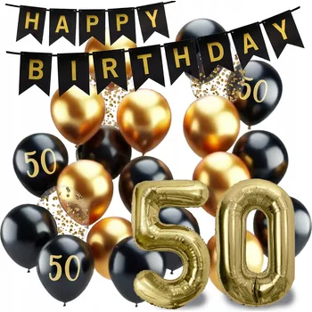 Balónek BALÓNKY číslice 50 sada na narozeniny ČERNÉ ZLATÉ s bannerem