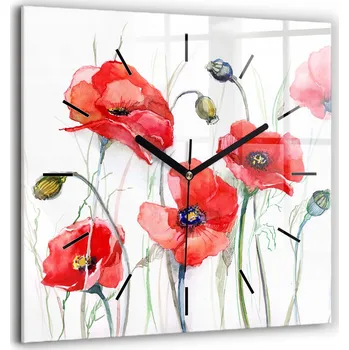 Hodiny Čtvercové skleněné nástěnné hodiny s grafikou Malované červené máky 60x60 cm